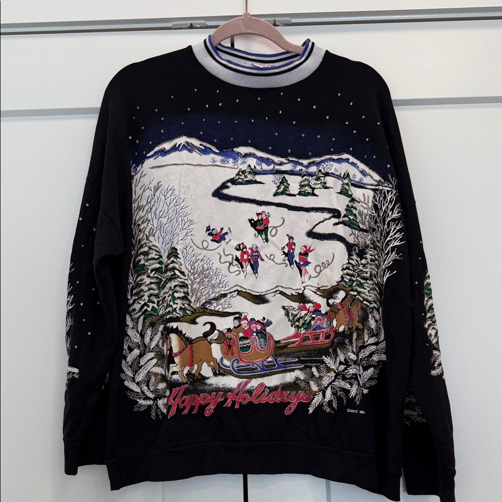 Nutcracker vintage Festive Black happy Holiday Christmas Sweater winter scene L